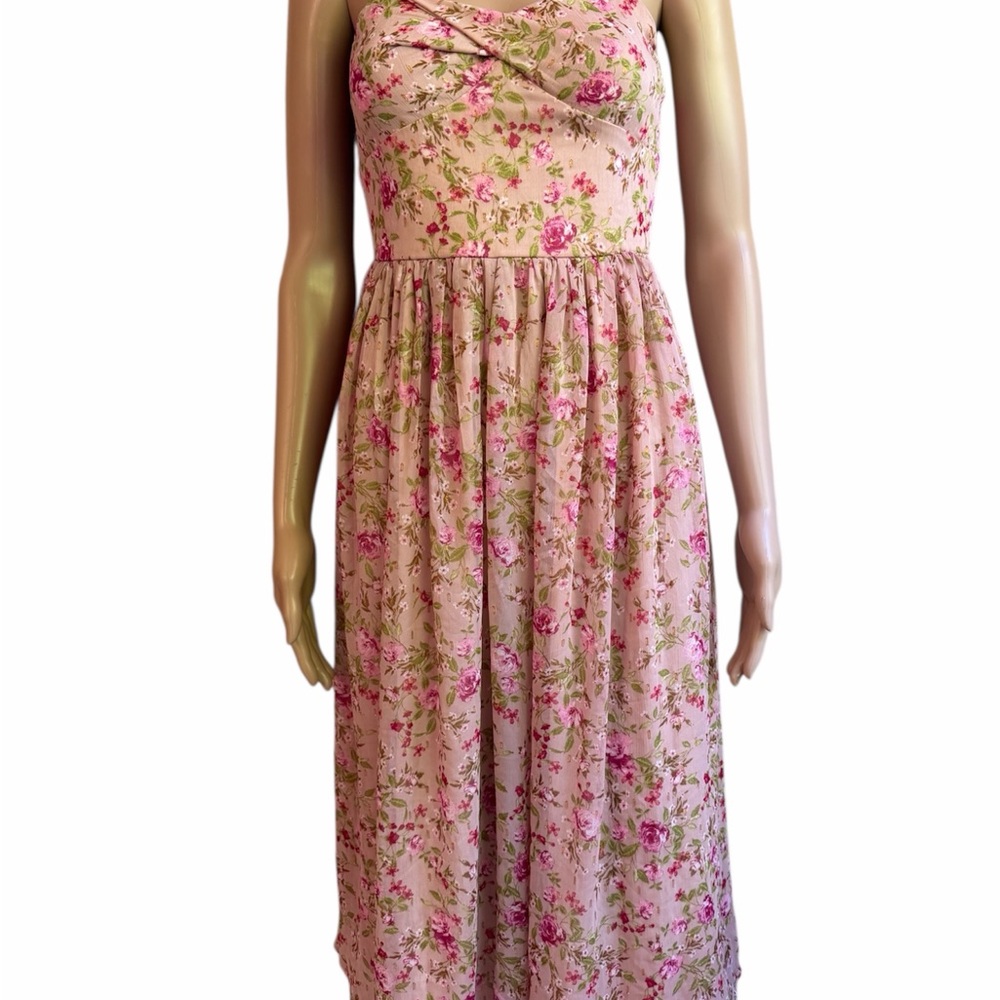Zunie Pink Floral Midi Dress Size 12 NWT Adjustable Strap Cottagecore Sundress - Picture 3 of 8